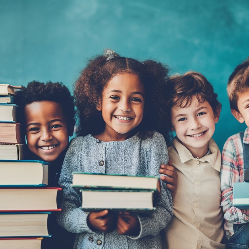 a stack of school books, school children boy and girl. Generative AI