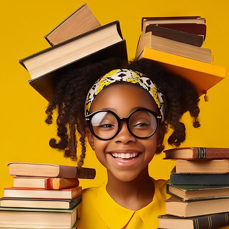 African American schoolgirl smiling looking at camera wears glasses on yellow background with books. Education. Self-development. AI generated